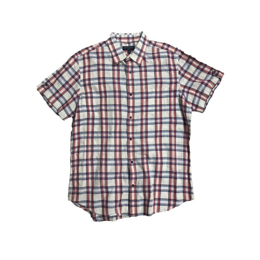 Banana Republic Shirt Mens Large White Plaid Short Sleeve Slim Fit